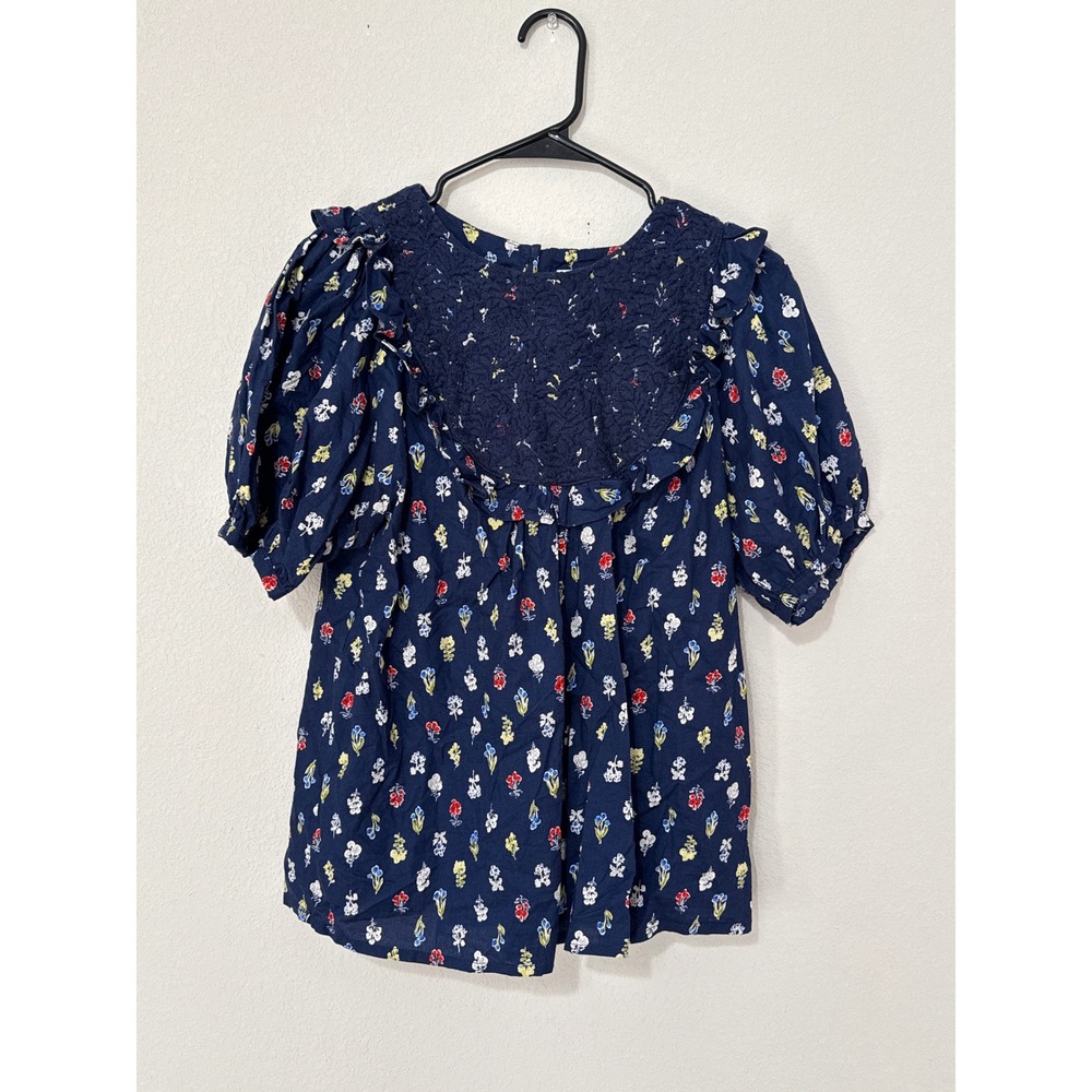 Mi Golondrina Navy Floral Blouse Women's Small Ruffles Bohemian Embroidered